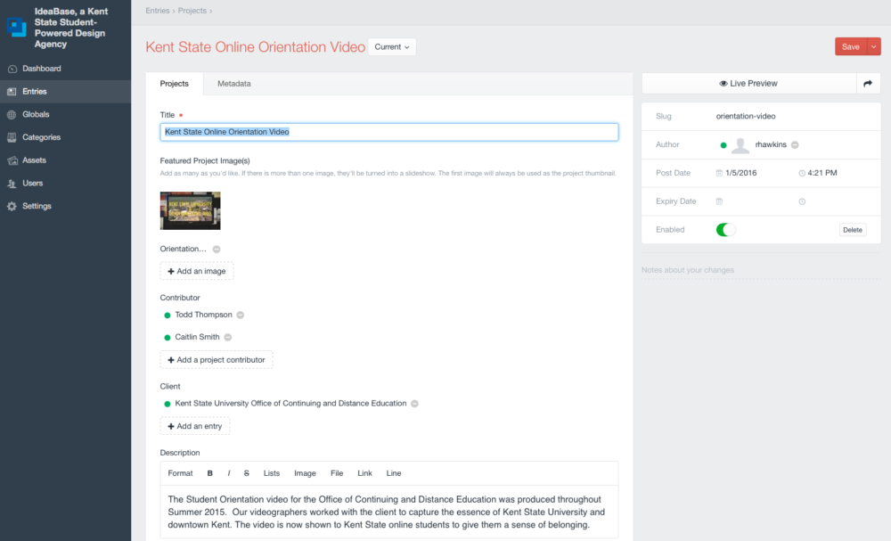 Editing a Project Entry in Craft